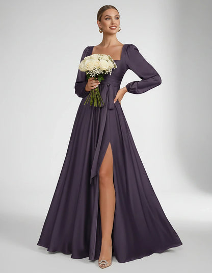 Satin Long Sleeve Square Neck A-Line Maxi Dress with Side Slit for Bridesmaid, Party, Cocktail, Evening, Wedding Guest & Summ | SKU: AMD-864521903781546-GRAPE-L,AMD-864521903781546-GRAPE-M,AMD-864521903781546-GRAPE-S,AMD-864521903781546-GRAPE-XL,AMD-864521903781546-GRAPE-XS