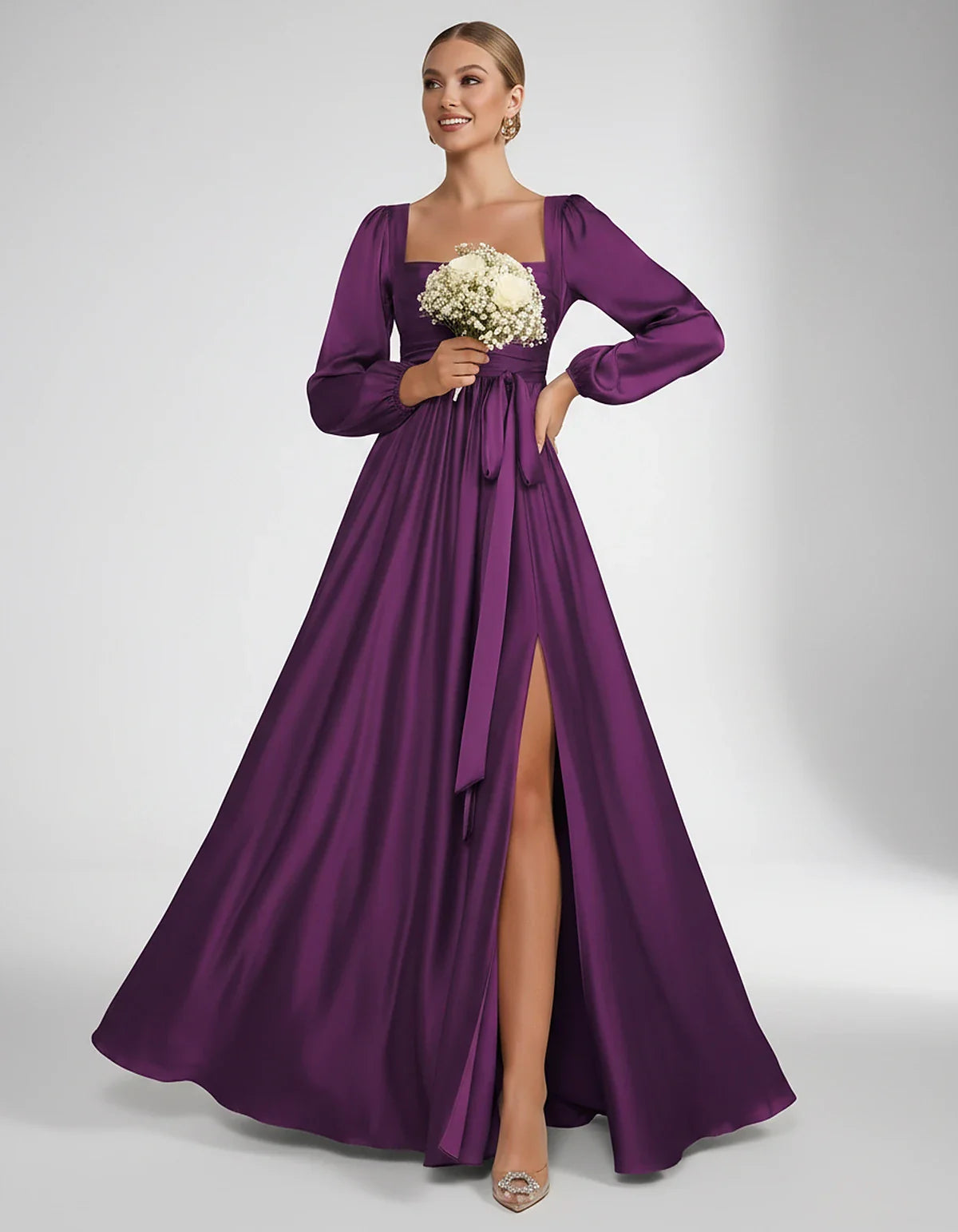 Satin Long Sleeve Square Neck A-Line Maxi Dress with Side Slit for Bridesmaid, Party, Cocktail, Evening, Wedding Guest & Summ | SKU: AMD-864521903781546-PURPLE-L,AMD-864521903781546-PURPLE-M,AMD-864521903781546-PURPLE-S,AMD-864521903781546-PURPLE-XL,AMD-864521903781546-PURPLE-XS