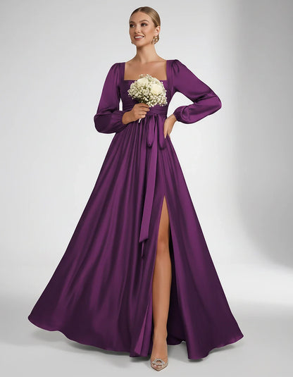 Satin Long Sleeve Square Neck A-Line Maxi Dress with Side Slit for Bridesmaid, Party, Cocktail, Evening, Wedding Guest & Summ | SKU: AMD-864521903781546-PURPLE-L,AMD-864521903781546-PURPLE-M,AMD-864521903781546-PURPLE-S,AMD-864521903781546-PURPLE-XL,AMD-864521903781546-PURPLE-XS