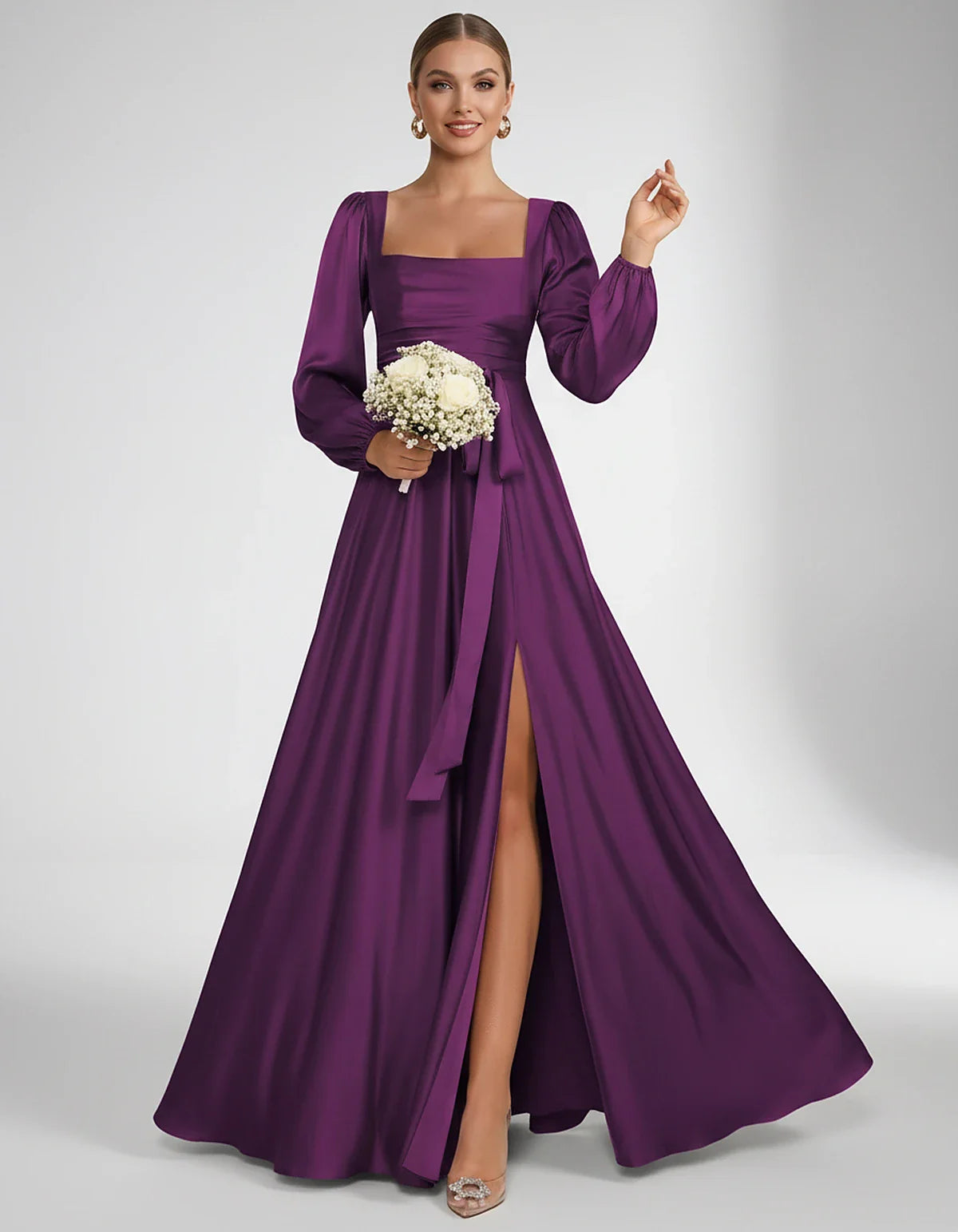 Satin Long Sleeve Square Neck A-Line Maxi Dress with Side Slit for Bridesmaid, Party, Cocktail, Evening, Wedding Guest & Summ | SKU: AMD-864521903781546-PURPLE-L,AMD-864521903781546-PURPLE-M,AMD-864521903781546-PURPLE-S,AMD-864521903781546-PURPLE-XL,AMD-864521903781546-PURPLE-XS