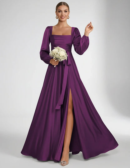 Satin Long Sleeve Square Neck A-Line Maxi Dress with Side Slit for Bridesmaid, Party, Cocktail, Evening, Wedding Guest & Summ | SKU: AMD-864521903781546-PURPLE-L,AMD-864521903781546-PURPLE-M,AMD-864521903781546-PURPLE-S,AMD-864521903781546-PURPLE-XL,AMD-864521903781546-PURPLE-XS