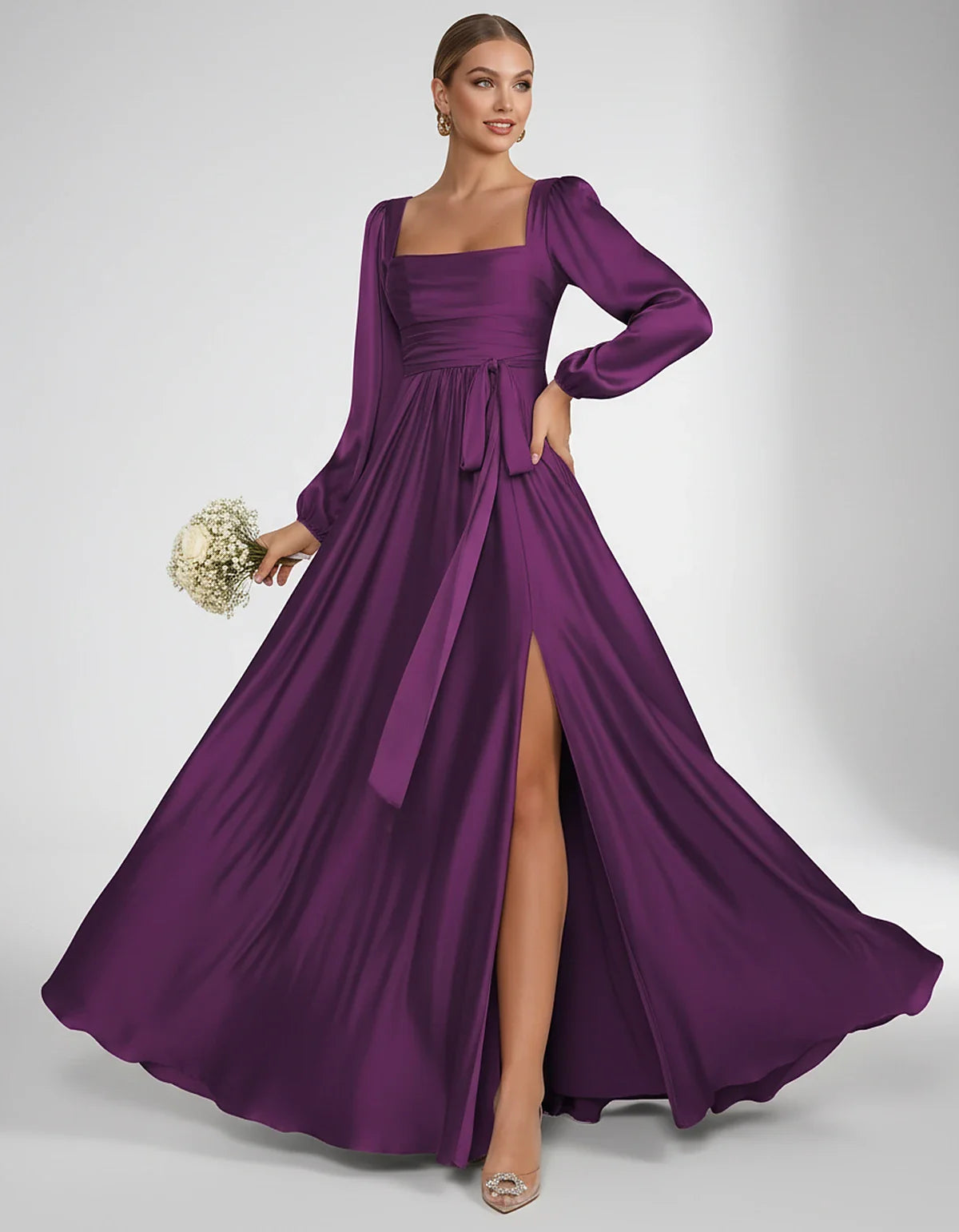 Satin Long Sleeve Square Neck A-Line Maxi Dress with Side Slit for Bridesmaid, Party, Cocktail, Evening, Wedding Guest & Summ | SKU: AMD-864521903781546-PURPLE-L,AMD-864521903781546-PURPLE-M,AMD-864521903781546-PURPLE-S,AMD-864521903781546-PURPLE-XL,AMD-864521903781546-PURPLE-XS
