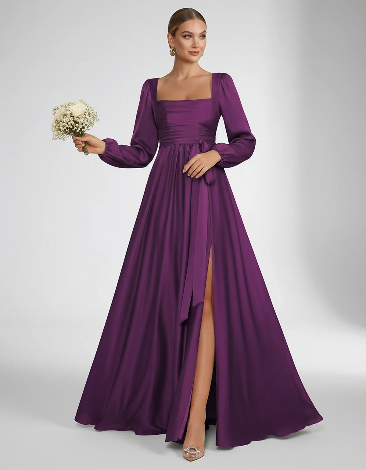 Satin Long Sleeve Square Neck A-Line Maxi Dress with Side Slit for Bridesmaid, Party, Cocktail, Evening, Wedding Guest & Summ | SKU: AMD-864521903781546-PURPLE-L,AMD-864521903781546-PURPLE-M,AMD-864521903781546-PURPLE-S,AMD-864521903781546-PURPLE-XL,AMD-864521903781546-PURPLE-XS