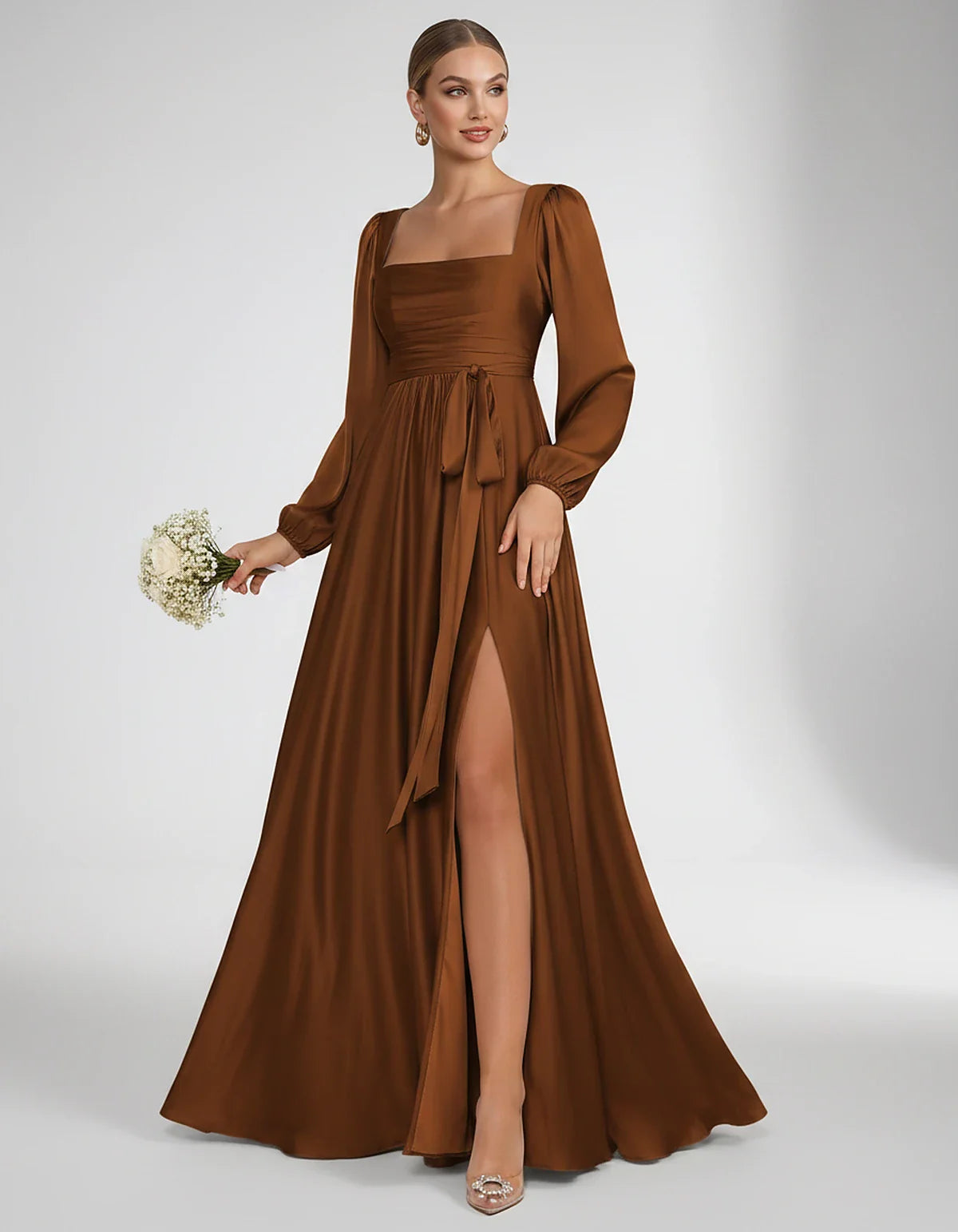 Satin Long Sleeve Square Neck A-Line Maxi Dress with Side Slit for Bridesmaid, Party, Cocktail, Evening, Wedding Guest & Summ | SKU: AMD-864521903781546-BURNTORANGE-L,AMD-864521903781546-BURNTORANGE-M,AMD-864521903781546-BURNTORANGE-S,AMD-864521903781546-BURNTORANGE-XL,AMD-864521903781546-BURNTORANGE-XS