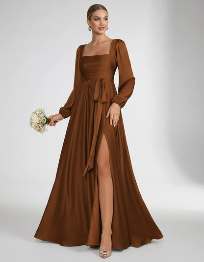 Satin Long Sleeve Square Neck A-Line Maxi Dress with Side Slit for Bridesmaid, Party, Cocktail, Evening, Wedding Guest & Summ | SKU: AMD-864521903781546-BURNTORANGE-L,AMD-864521903781546-BURNTORANGE-M,AMD-864521903781546-BURNTORANGE-S,AMD-864521903781546-BURNTORANGE-XL,AMD-864521903781546-BURNTORANGE-XS