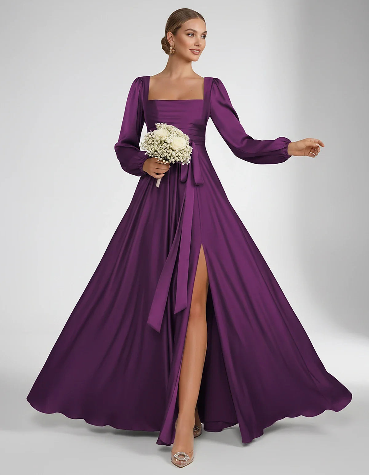 Satin Long Sleeve Square Neck A-Line Maxi Dress with Side Slit for Bridesmaid, Party, Cocktail, Evening, Wedding Guest & Summ | SKU: AMD-864521903781546-PURPLE-L,AMD-864521903781546-PURPLE-M,AMD-864521903781546-PURPLE-S,AMD-864521903781546-PURPLE-XL,AMD-864521903781546-PURPLE-XS