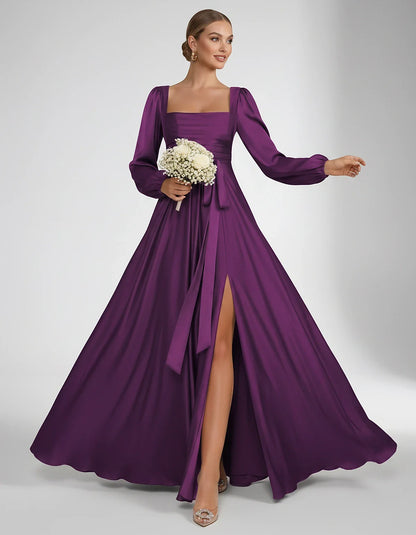Satin Long Sleeve Square Neck A-Line Maxi Dress with Side Slit for Bridesmaid, Party, Cocktail, Evening, Wedding Guest & Summ | SKU: AMD-864521903781546-PURPLE-L,AMD-864521903781546-PURPLE-M,AMD-864521903781546-PURPLE-S,AMD-864521903781546-PURPLE-XL,AMD-864521903781546-PURPLE-XS