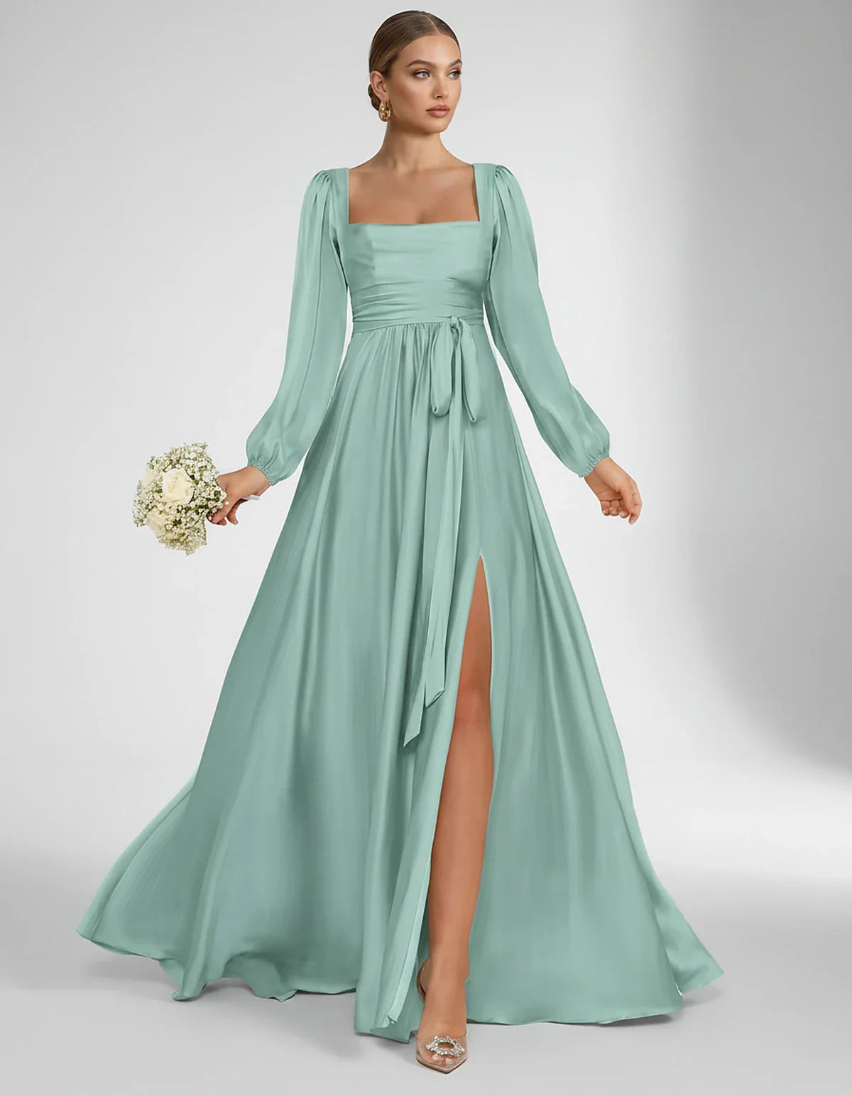 Satin Long Sleeve Square Neck A-Line Maxi Dress with Side Slit for Bridesmaid, Party, Cocktail, Evening, Wedding Guest & Summ
