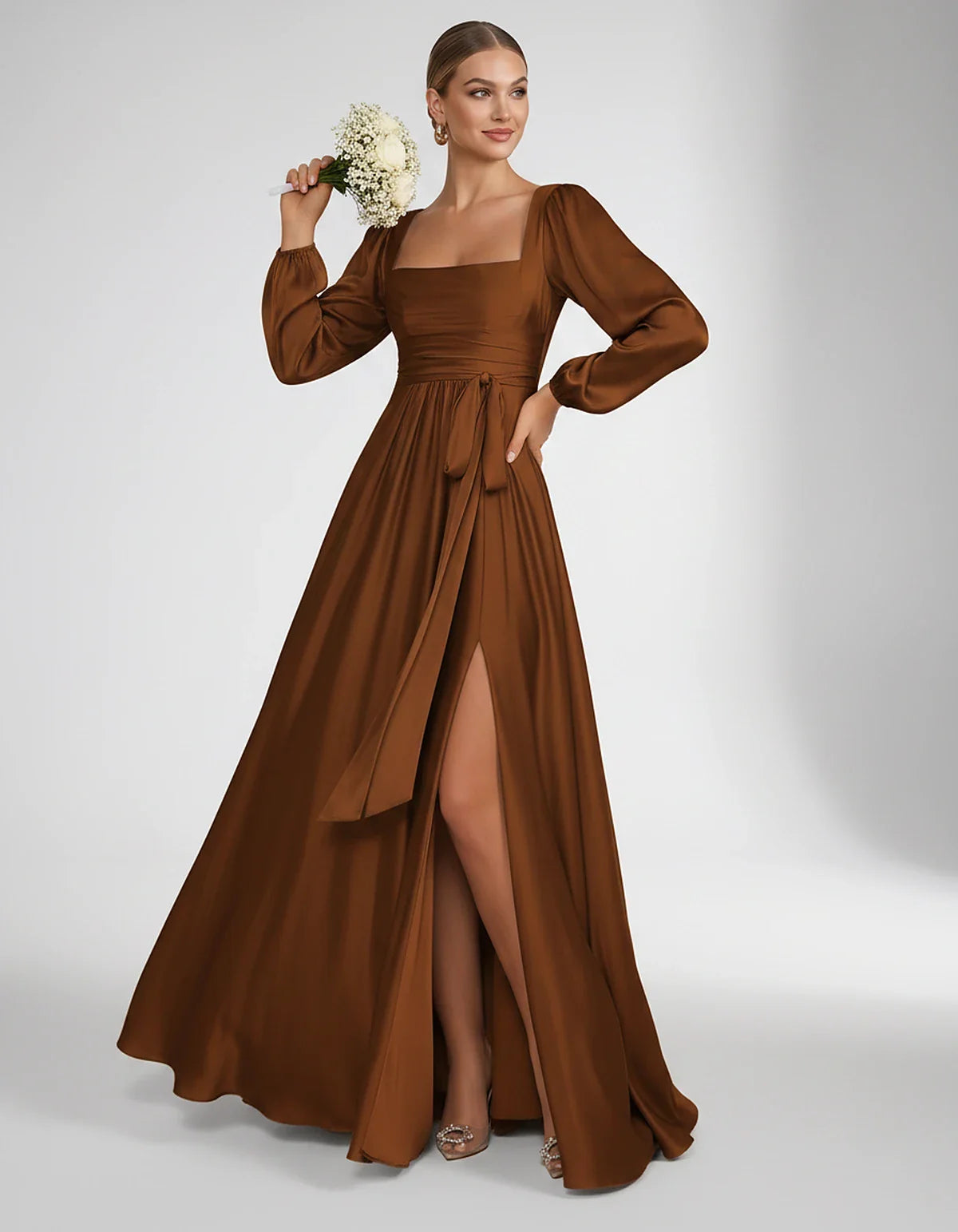 Satin Long Sleeve Square Neck A-Line Maxi Dress with Side Slit for Bridesmaid, Party, Cocktail, Evening, Wedding Guest & Summ | SKU: AMD-864521903781546-BURNTORANGE-L,AMD-864521903781546-BURNTORANGE-M,AMD-864521903781546-BURNTORANGE-S,AMD-864521903781546-BURNTORANGE-XL,AMD-864521903781546-BURNTORANGE-XS