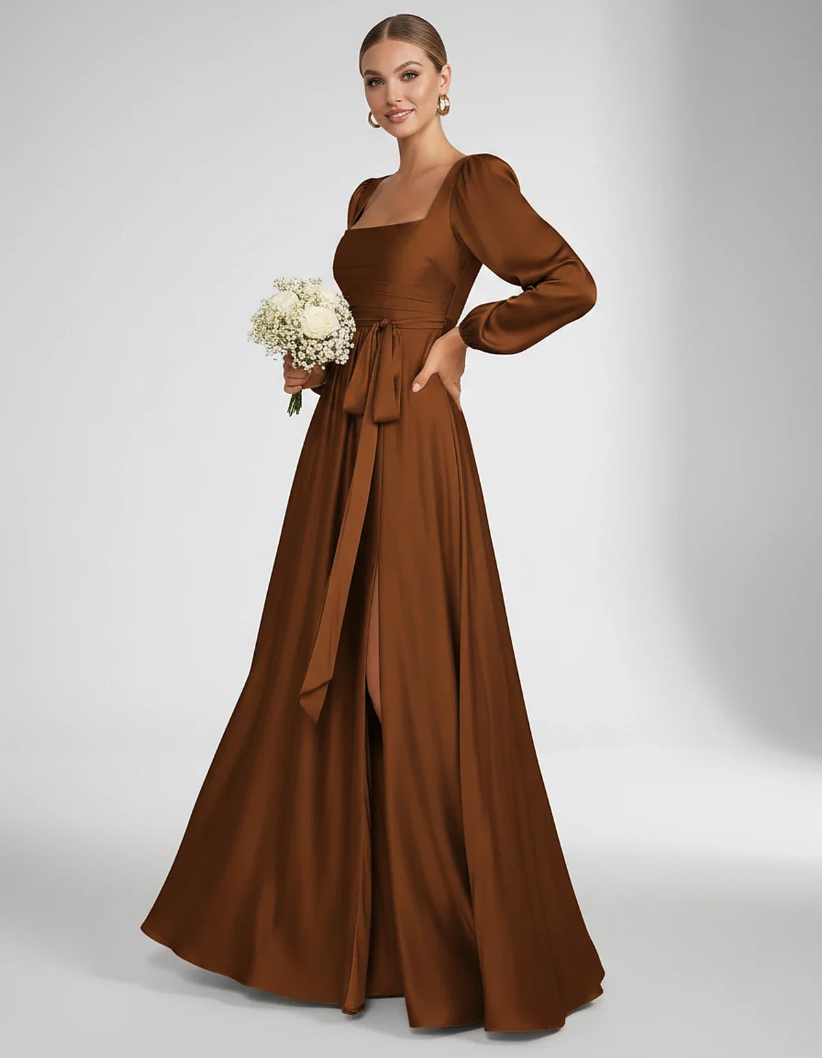 Satin Long Sleeve Square Neck A-Line Maxi Dress with Side Slit for Bridesmaid, Party, Cocktail, Evening, Wedding Guest & Summ | SKU: AMD-864521903781546-BURNTORANGE-L,AMD-864521903781546-BURNTORANGE-M,AMD-864521903781546-BURNTORANGE-S,AMD-864521903781546-BURNTORANGE-XL,AMD-864521903781546-BURNTORANGE-XS