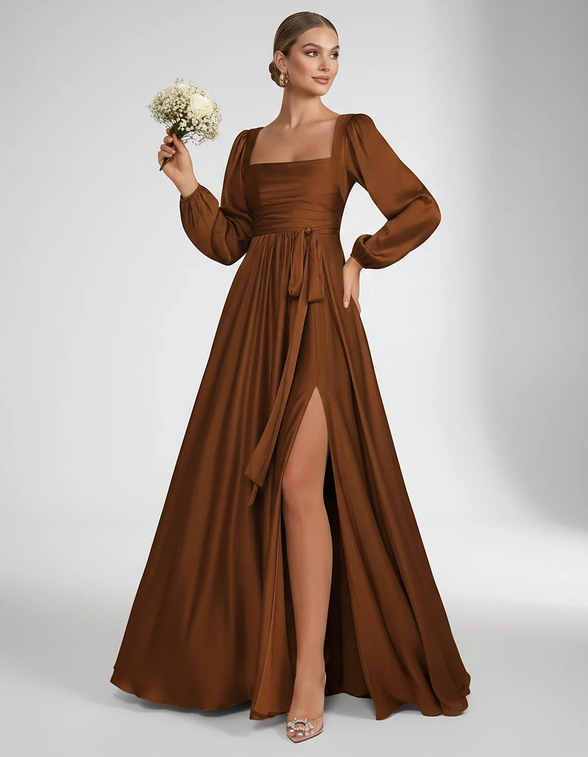 Satin Long Sleeve Square Neck A-Line Maxi Dress with Side Slit for Bridesmaid, Party, Cocktail, Evening, Wedding Guest & Summ | SKU: AMD-864521903781546-BURNTORANGE-L,AMD-864521903781546-BURNTORANGE-M,AMD-864521903781546-BURNTORANGE-S,AMD-864521903781546-BURNTORANGE-XL,AMD-864521903781546-BURNTORANGE-XS