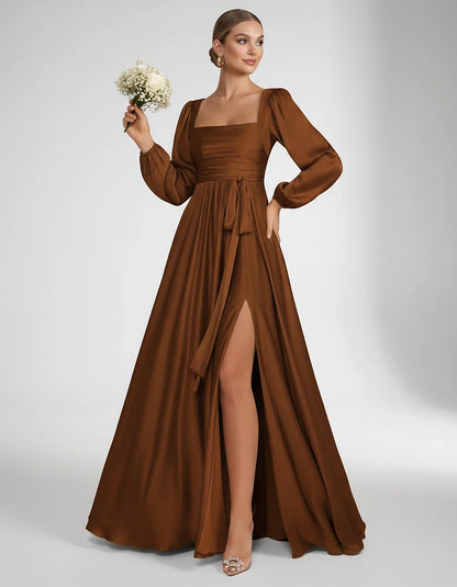 Satin Long Sleeve Square Neck A-Line Maxi Dress with Side Slit for Bridesmaid, Party, Cocktail, Evening, Wedding Guest & Summ | SKU: AMD-864521903781546-BURNTORANGE-L,AMD-864521903781546-BURNTORANGE-M,AMD-864521903781546-BURNTORANGE-S,AMD-864521903781546-BURNTORANGE-XL,AMD-864521903781546-BURNTORANGE-XS