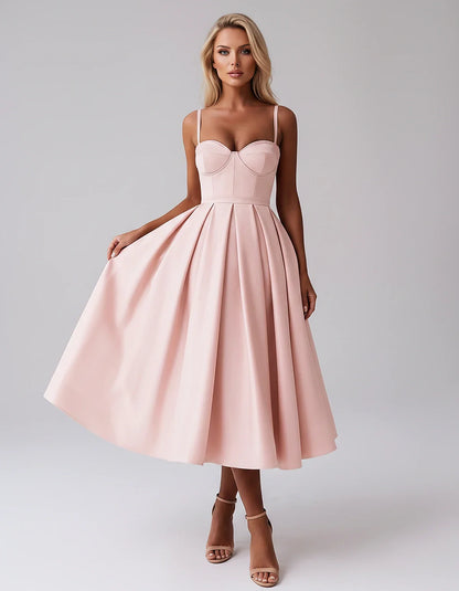 Tea Length Satin Spaghetti Strap Sweetheart A-Line Midi Dress for Party, Cocktail, Evening, Wedding Guest & Formal Events Sum | SKU: MD-482913750618392-BLUSH-L,MD-482913750618392-BLUSH-M,MD-482913750618392-BLUSH-S,MD-482913750618392-BLUSH-XL,MD-482913750618392-BLUSH-XS