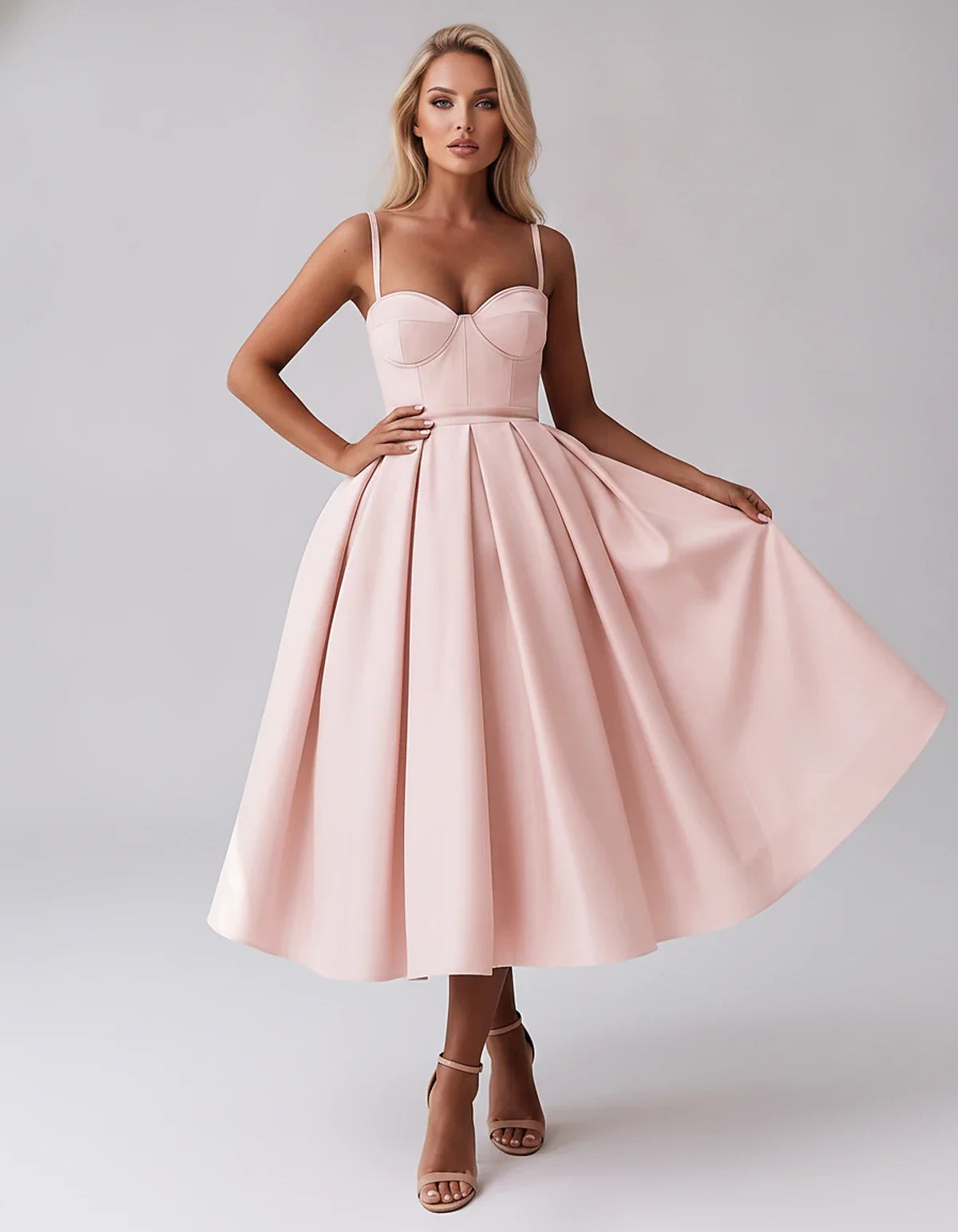 Tea Length Satin Spaghetti Strap Sweetheart A-Line Midi Dress for Party, Cocktail, Evening, Wedding Guest & Formal Events Sum | SKU: MD-482913750618392-BLUSH-L,MD-482913750618392-BLUSH-M,MD-482913750618392-BLUSH-S,MD-482913750618392-BLUSH-XL,MD-482913750618392-BLUSH-XS