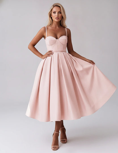 Tea Length Satin Spaghetti Strap Sweetheart A-Line Midi Dress for Party, Cocktail, Evening, Wedding Guest & Formal Events Sum | SKU: MD-482913750618392-BLUSH-L,MD-482913750618392-BLUSH-M,MD-482913750618392-BLUSH-S,MD-482913750618392-BLUSH-XL,MD-482913750618392-BLUSH-XS