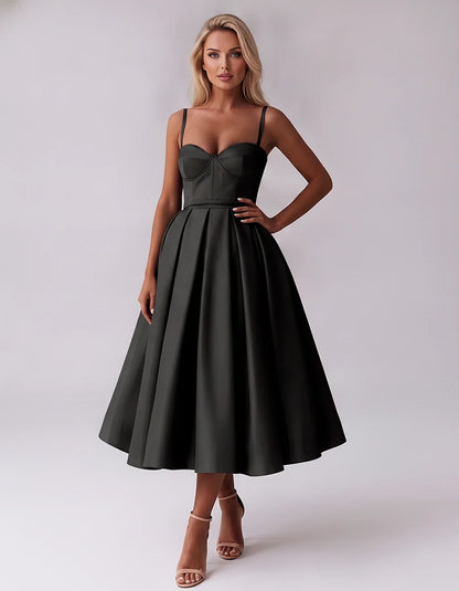 Tea Length Satin Spaghetti Strap Sweetheart A-Line Midi Dress for Party, Cocktail, Evening, Wedding Guest & Formal Events Sum | SKU: MD-482913750618392-BLACK-L,MD-482913750618392-BLACK-M,MD-482913750618392-BLACK-S,MD-482913750618392-BLACK-XL,MD-482913750618392-BLACK-XS
