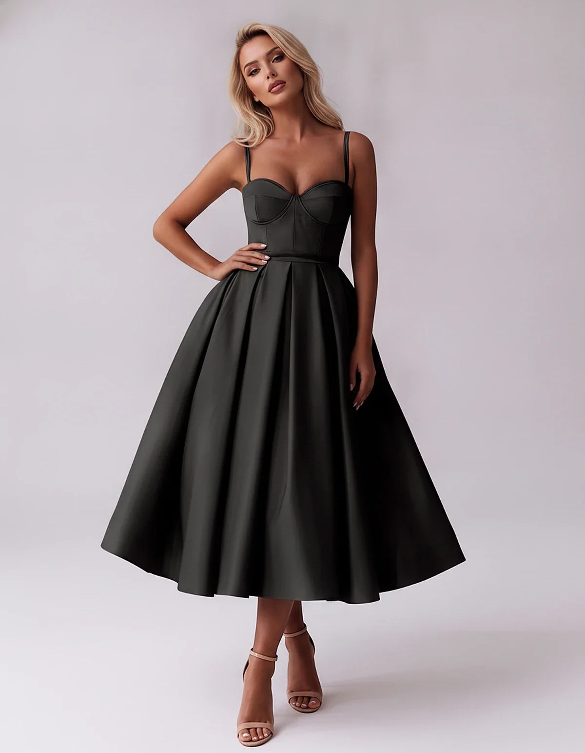 Tea Length Satin Spaghetti Strap Sweetheart A-Line Midi Dress for Party, Cocktail, Evening, Wedding Guest & Formal Events Sum | SKU: MD-482913750618392-BLACK-L,MD-482913750618392-BLACK-M,MD-482913750618392-BLACK-S,MD-482913750618392-BLACK-XL,MD-482913750618392-BLACK-XS