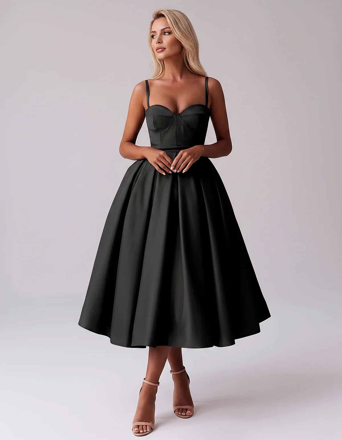Tea Length Satin Spaghetti Strap Sweetheart A-Line Midi Dress for Party, Cocktail, Evening, Wedding Guest & Formal Events Sum | SKU: MD-482913750618392-BLACK-L,MD-482913750618392-BLACK-M,MD-482913750618392-BLACK-S,MD-482913750618392-BLACK-XL,MD-482913750618392-BLACK-XS