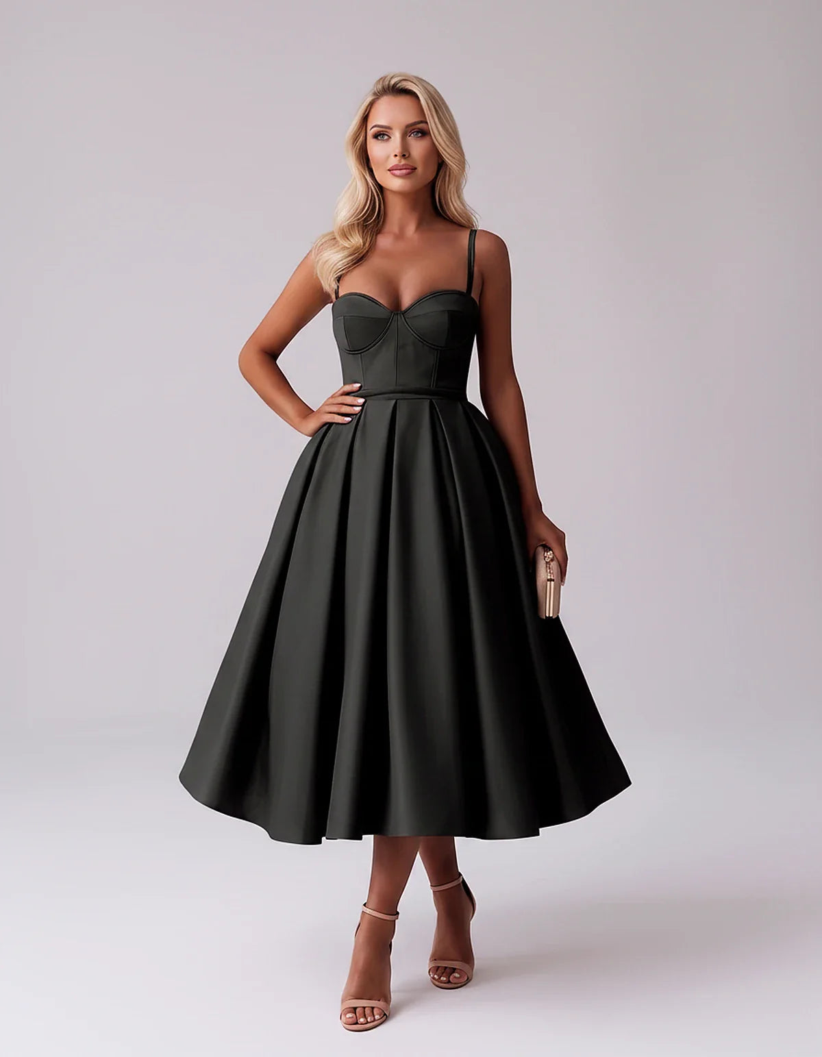 Tea Length Satin Spaghetti Strap Sweetheart A-Line Midi Dress for Party, Cocktail, Evening, Wedding Guest & Formal Events Sum | SKU: MD-482913750618392-BLACK-L,MD-482913750618392-BLACK-M,MD-482913750618392-BLACK-S,MD-482913750618392-BLACK-XL,MD-482913750618392-BLACK-XS