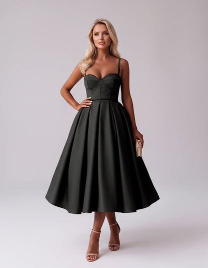 Tea Length Satin Spaghetti Strap Sweetheart A-Line Midi Dress for Party, Cocktail, Evening, Wedding Guest & Formal Events Sum | SKU: MD-482913750618392-BLACK-L,MD-482913750618392-BLACK-M,MD-482913750618392-BLACK-S,MD-482913750618392-BLACK-XL,MD-482913750618392-BLACK-XS