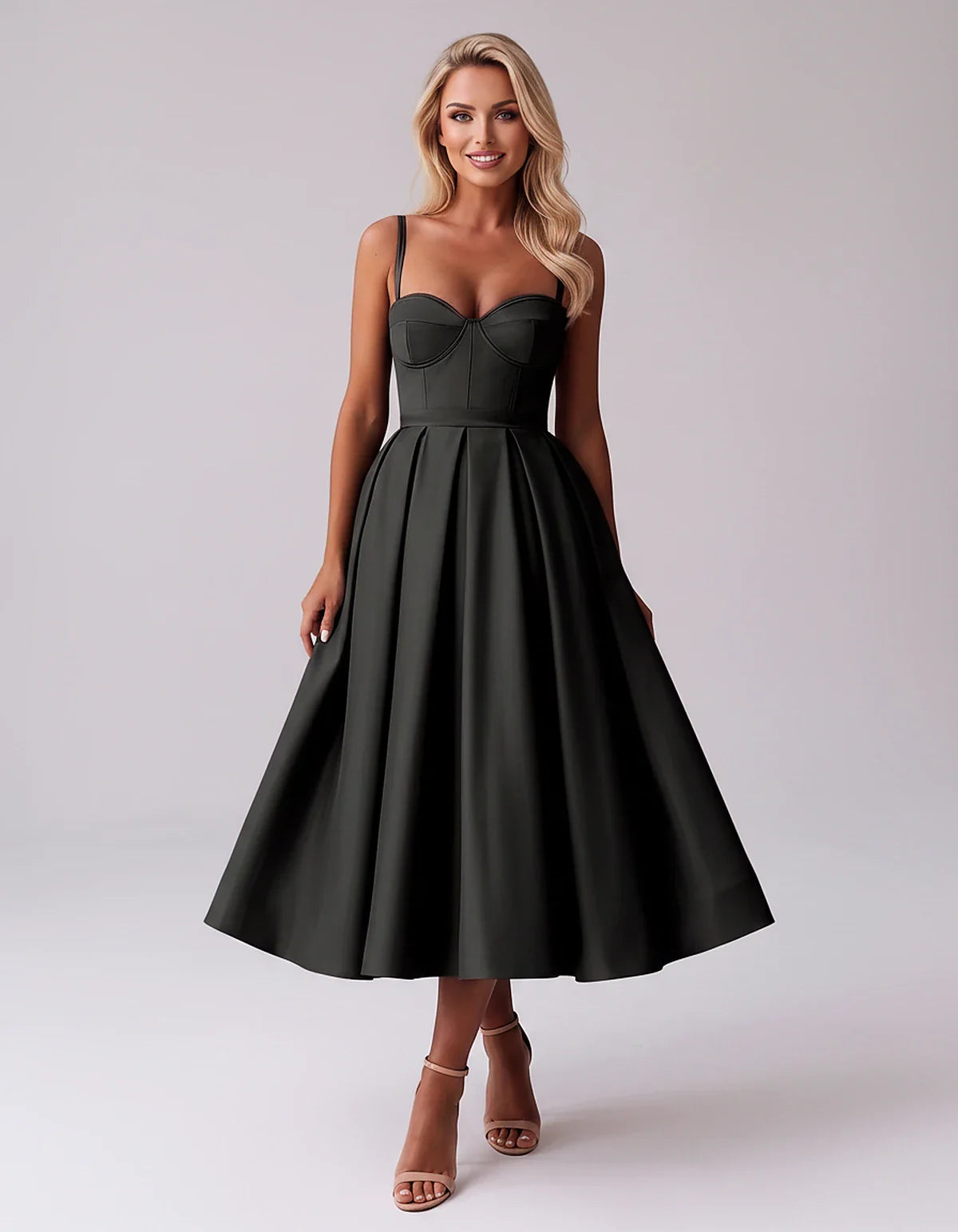 Tea Length Satin Spaghetti Strap Sweetheart A-Line Midi Dress for Party, Cocktail, Evening, Wedding Guest & Formal Events Sum | SKU: MD-482913750618392-BLACK-L,MD-482913750618392-BLACK-M,MD-482913750618392-BLACK-S,MD-482913750618392-BLACK-XL,MD-482913750618392-BLACK-XS