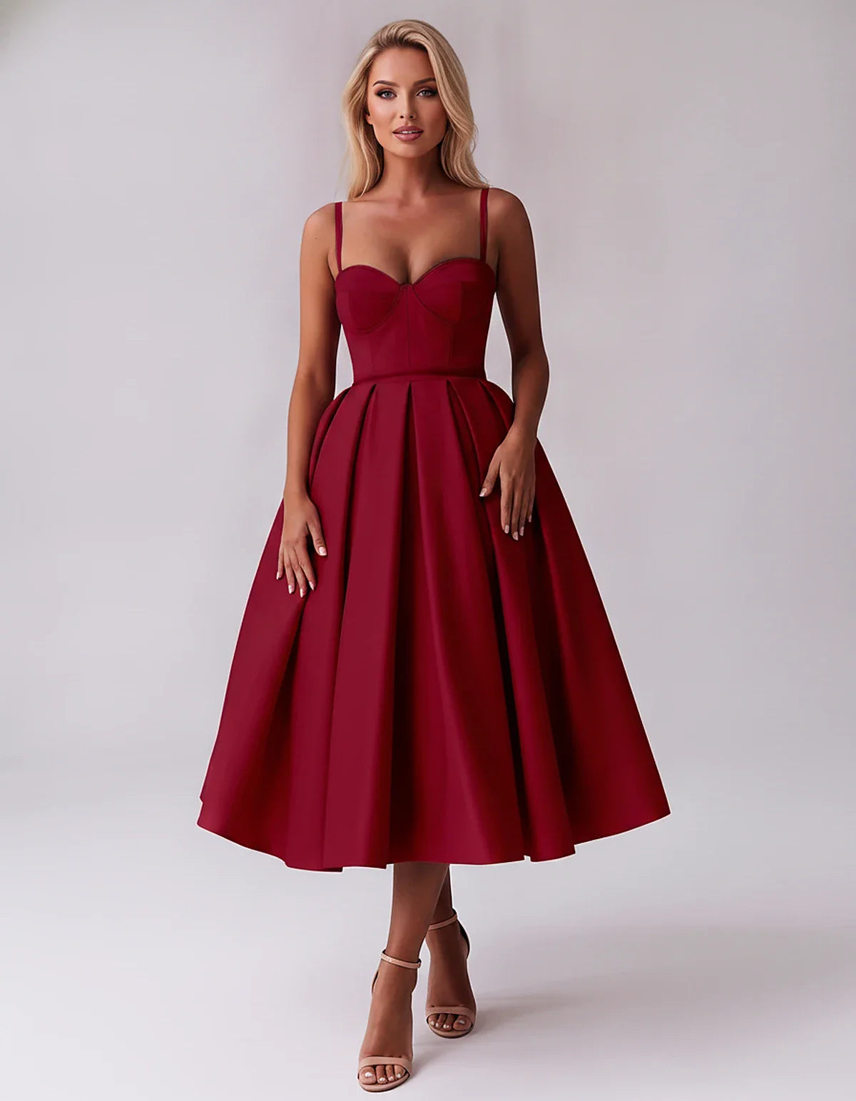Tea Length Satin Spaghetti Strap Sweetheart A-Line Midi Dress for Party, Cocktail, Evening, Wedding Guest & Formal Events Sum | SKU: MD-482913750618392-BURGUNDY-L,MD-482913750618392-BURGUNDY-M,MD-482913750618392-BURGUNDY-S,MD-482913750618392-BURGUNDY-XL,MD-482913750618392-BURGUNDY-XS