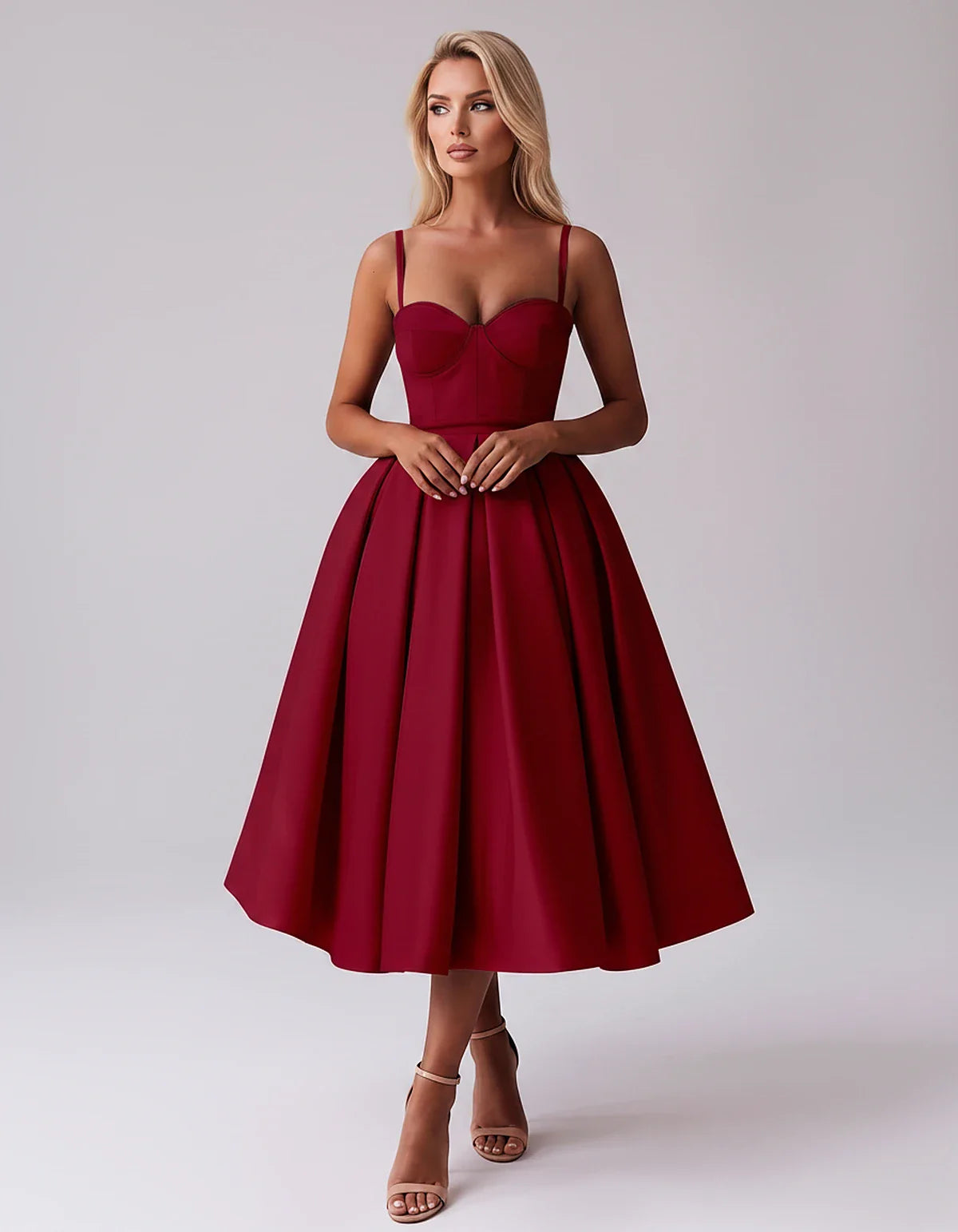 Tea Length Satin Spaghetti Strap Sweetheart A-Line Midi Dress for Party, Cocktail, Evening, Wedding Guest & Formal Events Sum | SKU: MD-482913750618392-BURGUNDY-L,MD-482913750618392-BURGUNDY-M,MD-482913750618392-BURGUNDY-S,MD-482913750618392-BURGUNDY-XL,MD-482913750618392-BURGUNDY-XS