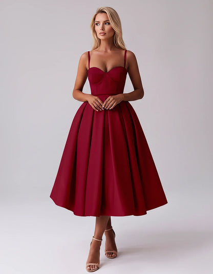 Tea Length Satin Spaghetti Strap Sweetheart A-Line Midi Dress for Party, Cocktail, Evening, Wedding Guest & Formal Events Sum | SKU: MD-482913750618392-BURGUNDY-L,MD-482913750618392-BURGUNDY-M,MD-482913750618392-BURGUNDY-S,MD-482913750618392-BURGUNDY-XL,MD-482913750618392-BURGUNDY-XS