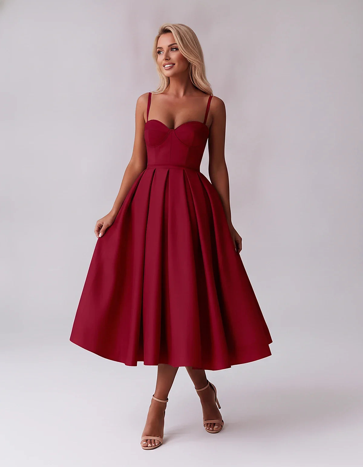 Tea Length Satin Spaghetti Strap Sweetheart A-Line Midi Dress for Party, Cocktail, Evening, Wedding Guest & Formal Events Sum | SKU: MD-482913750618392-BURGUNDY-L,MD-482913750618392-BURGUNDY-M,MD-482913750618392-BURGUNDY-S,MD-482913750618392-BURGUNDY-XL,MD-482913750618392-BURGUNDY-XS