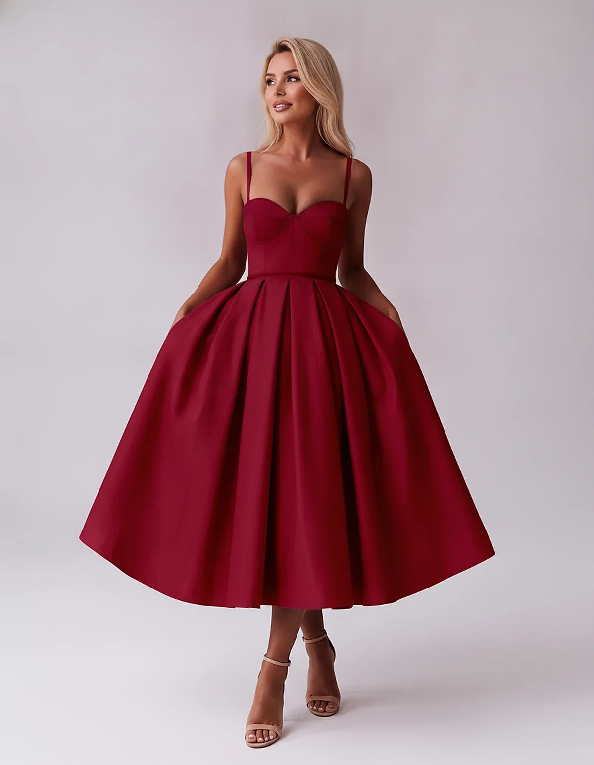 Tea Length Satin Spaghetti Strap Sweetheart A-Line Midi Dress for Party, Cocktail, Evening, Wedding Guest & Formal Events Sum | SKU: MD-482913750618392-BURGUNDY-L,MD-482913750618392-BURGUNDY-M,MD-482913750618392-BURGUNDY-S,MD-482913750618392-BURGUNDY-XL,MD-482913750618392-BURGUNDY-XS