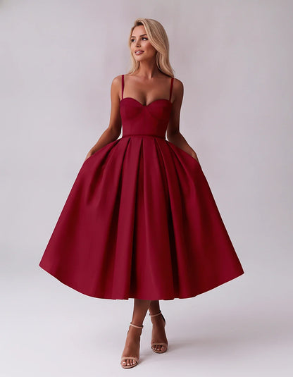 Tea Length Satin Spaghetti Strap Sweetheart A-Line Midi Dress for Party, Cocktail, Evening, Wedding Guest & Formal Events Sum | SKU: MD-482913750618392-BURGUNDY-L,MD-482913750618392-BURGUNDY-M,MD-482913750618392-BURGUNDY-S,MD-482913750618392-BURGUNDY-XL,MD-482913750618392-BURGUNDY-XS