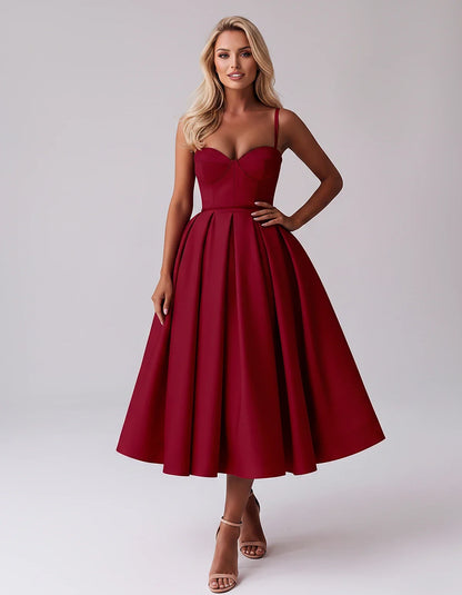 Tea Length Satin Spaghetti Strap Sweetheart A-Line Midi Dress for Party, Cocktail, Evening, Wedding Guest & Formal Events Sum | SKU: MD-482913750618392-BURGUNDY-L,MD-482913750618392-BURGUNDY-M,MD-482913750618392-BURGUNDY-S,MD-482913750618392-BURGUNDY-XL,MD-482913750618392-BURGUNDY-XS