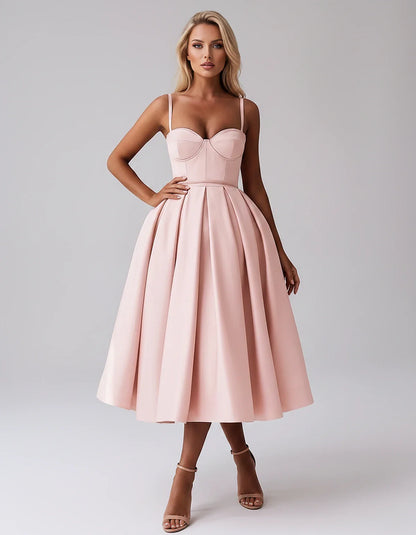 Tea Length Satin Spaghetti Strap Sweetheart A-Line Midi Dress for Party, Cocktail, Evening, Wedding Guest & Formal Events Sum | SKU: MD-482913750618392-BLUSH-L,MD-482913750618392-BLUSH-M,MD-482913750618392-BLUSH-S,MD-482913750618392-BLUSH-XL,MD-482913750618392-BLUSH-XS