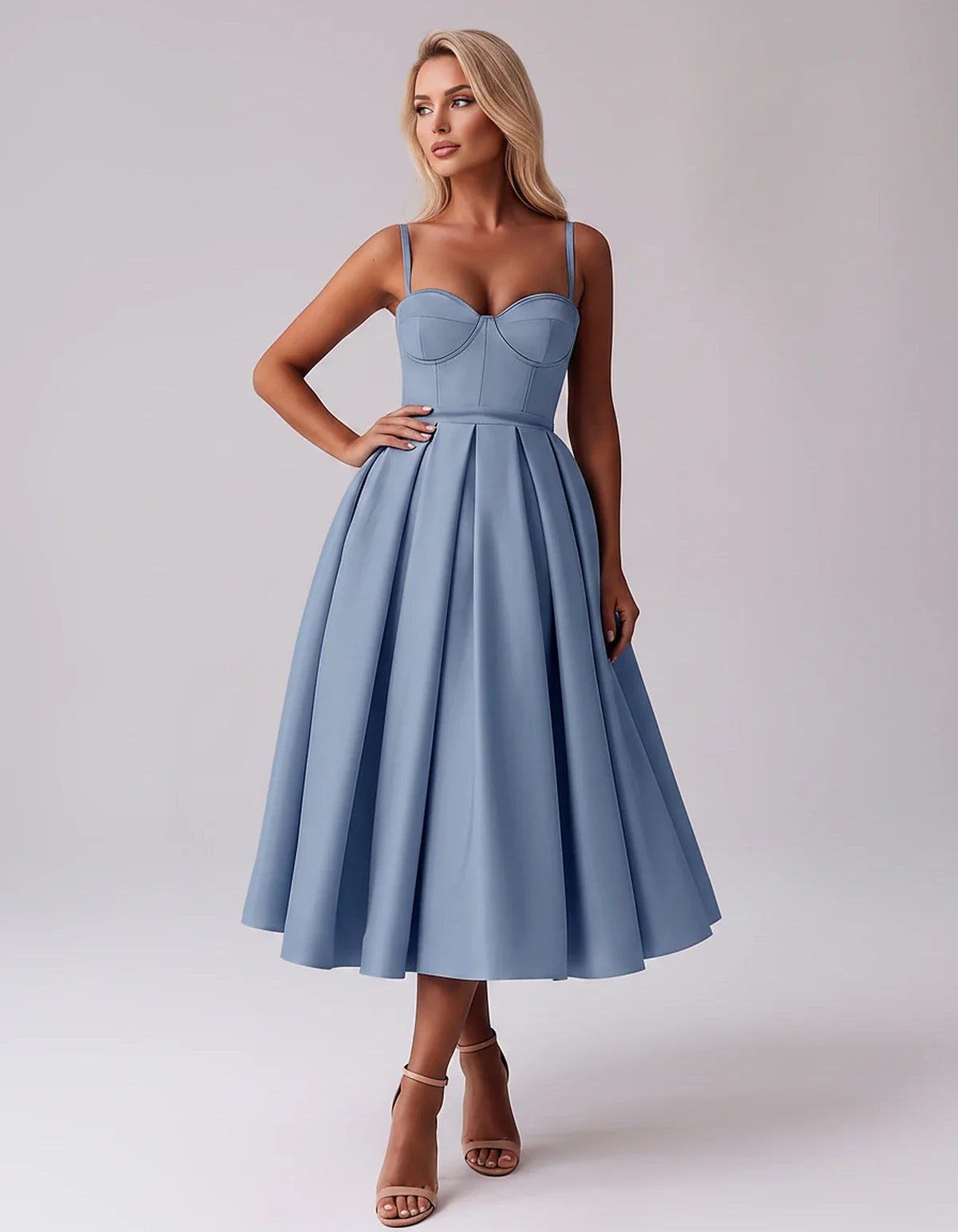 Tea Length Satin Spaghetti Strap Sweetheart A-Line Midi Dress for Party, Cocktail, Evening, Wedding Guest & Formal Events Sum | SKU: MD-482913750618392-DUSTYBLUE-L,MD-482913750618392-DUSTYBLUE-M,MD-482913750618392-DUSTYBLUE-S,MD-482913750618392-DUSTYBLUE-XL,MD-482913750618392-DUSTYBLUE-XS