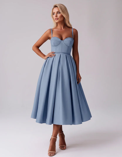 Tea Length Satin Spaghetti Strap Sweetheart A-Line Midi Dress for Party, Cocktail, Evening, Wedding Guest & Formal Events Sum | SKU: MD-482913750618392-DUSTYBLUE-L,MD-482913750618392-DUSTYBLUE-M,MD-482913750618392-DUSTYBLUE-S,MD-482913750618392-DUSTYBLUE-XL,MD-482913750618392-DUSTYBLUE-XS