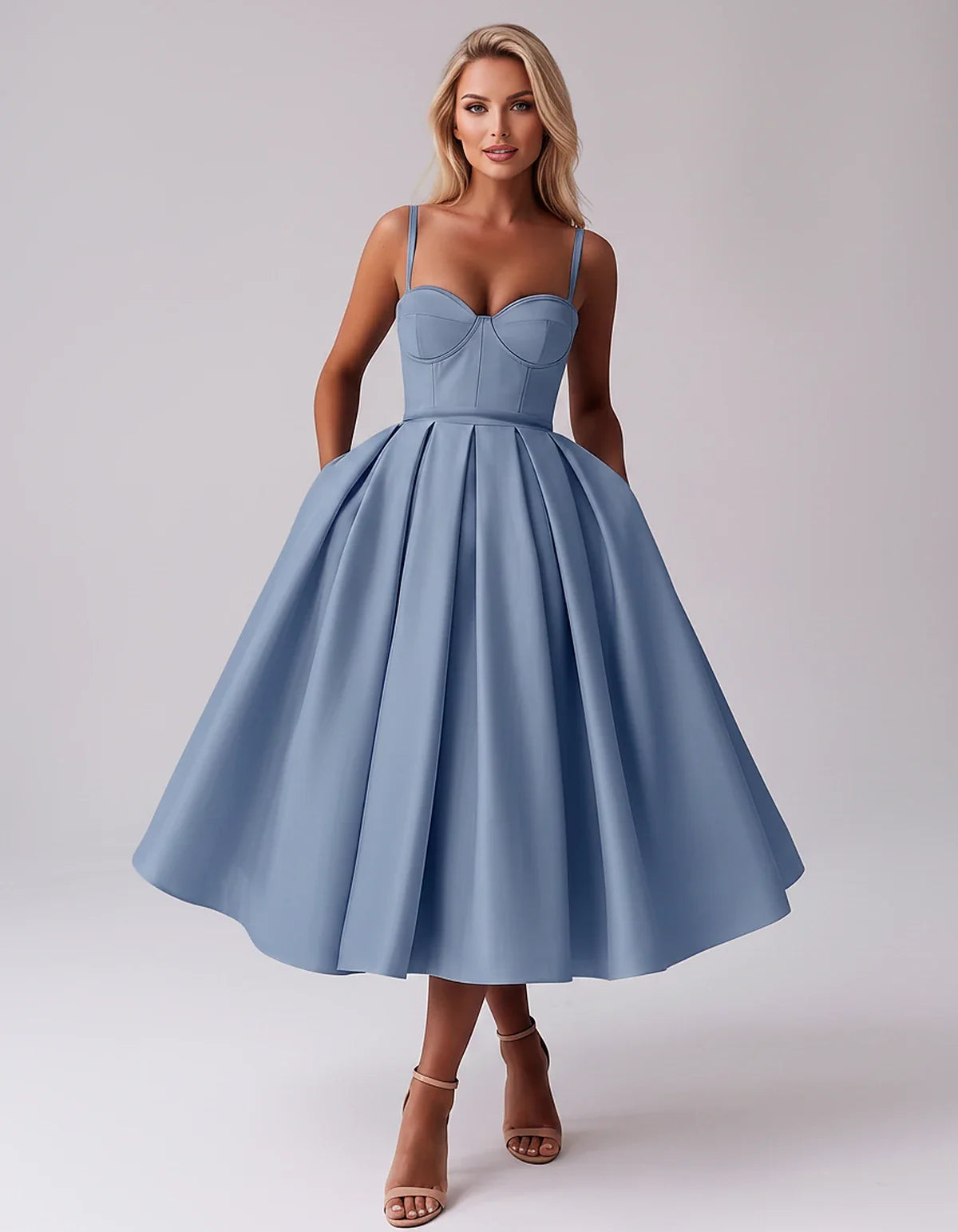 Tea Length Satin Spaghetti Strap Sweetheart A-Line Midi Dress for Party, Cocktail, Evening, Wedding Guest & Formal Events Sum | SKU: MD-482913750618392-DUSTYBLUE-L,MD-482913750618392-DUSTYBLUE-M,MD-482913750618392-DUSTYBLUE-S,MD-482913750618392-DUSTYBLUE-XL,MD-482913750618392-DUSTYBLUE-XS