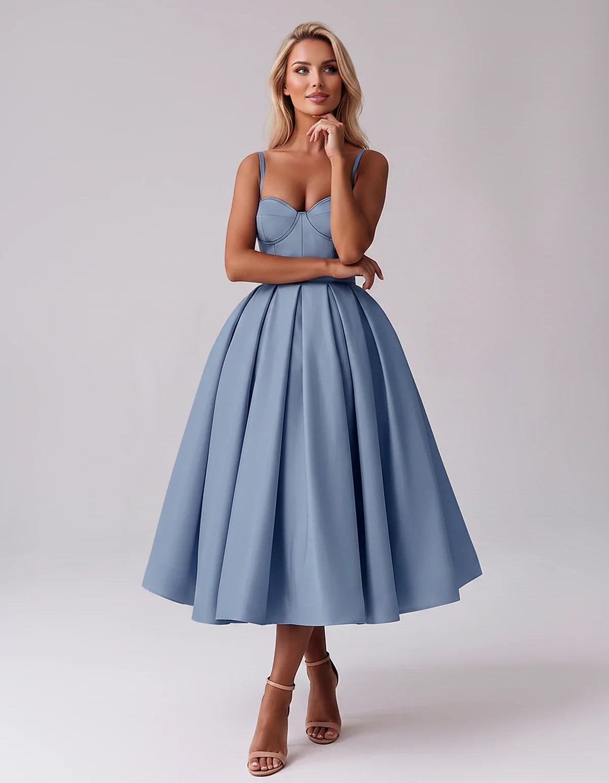 Tea Length Satin Spaghetti Strap Sweetheart A-Line Midi Dress for Party, Cocktail, Evening, Wedding Guest & Formal Events Sum | SKU: MD-482913750618392-DUSTYBLUE-L,MD-482913750618392-DUSTYBLUE-M,MD-482913750618392-DUSTYBLUE-S,MD-482913750618392-DUSTYBLUE-XL,MD-482913750618392-DUSTYBLUE-XS