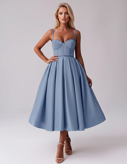 Tea Length Satin Spaghetti Strap Sweetheart A-Line Midi Dress for Party, Cocktail, Evening, Wedding Guest & Formal Events Sum | SKU: MD-482913750618392-DUSTYBLUE-L,MD-482913750618392-DUSTYBLUE-M,MD-482913750618392-DUSTYBLUE-S,MD-482913750618392-DUSTYBLUE-XL,MD-482913750618392-DUSTYBLUE-XS