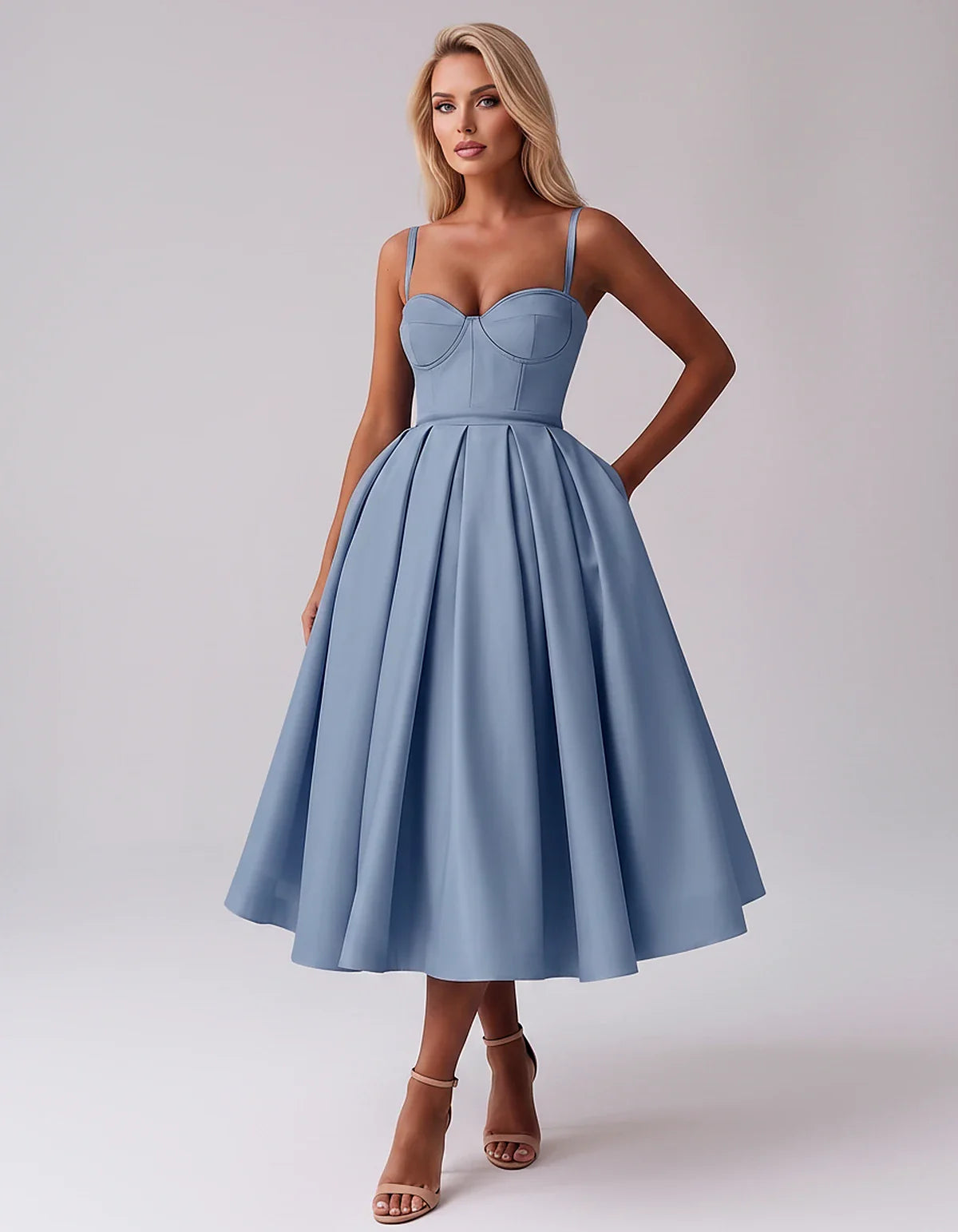 Tea Length Satin Spaghetti Strap Sweetheart A-Line Midi Dress for Party, Cocktail, Evening, Wedding Guest & Formal Events Sum | SKU: MD-482913750618392-DUSTYBLUE-L,MD-482913750618392-DUSTYBLUE-M,MD-482913750618392-DUSTYBLUE-S,MD-482913750618392-DUSTYBLUE-XL,MD-482913750618392-DUSTYBLUE-XS