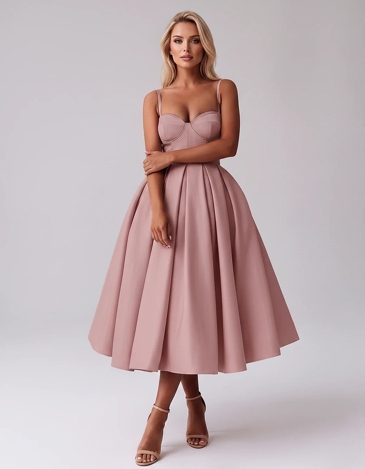 Tea Length Satin Spaghetti Strap Sweetheart A-Line Midi Dress for Party, Cocktail, Evening, Wedding Guest & Formal Events Sum | SKU: MD-482913750618392-DUSTYROSE-L,MD-482913750618392-DUSTYROSE-M,MD-482913750618392-DUSTYROSE-S,MD-482913750618392-DUSTYROSE-XL,MD-482913750618392-DUSTYROSE-XS
