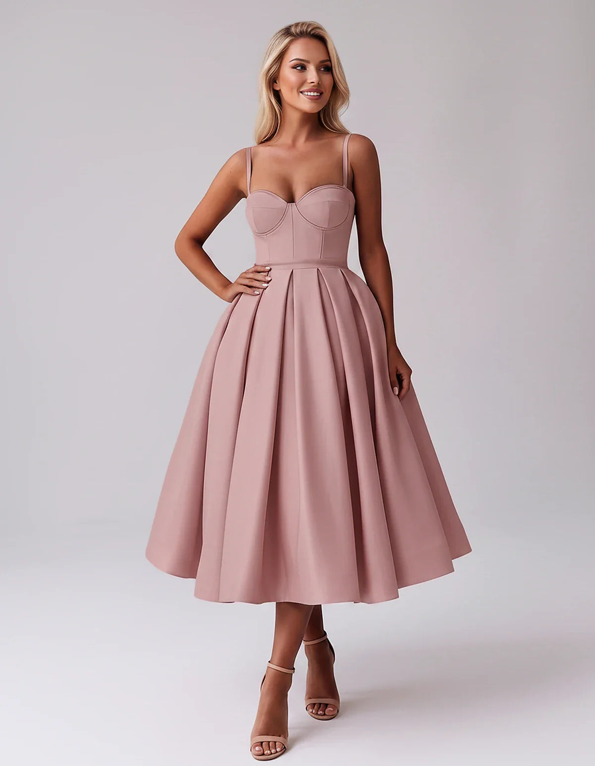 Tea Length Satin Spaghetti Strap Sweetheart A-Line Midi Dress for Party, Cocktail, Evening, Wedding Guest & Formal Events Sum | SKU: MD-482913750618392-DUSTYROSE-L,MD-482913750618392-DUSTYROSE-M,MD-482913750618392-DUSTYROSE-S,MD-482913750618392-DUSTYROSE-XL,MD-482913750618392-DUSTYROSE-XS