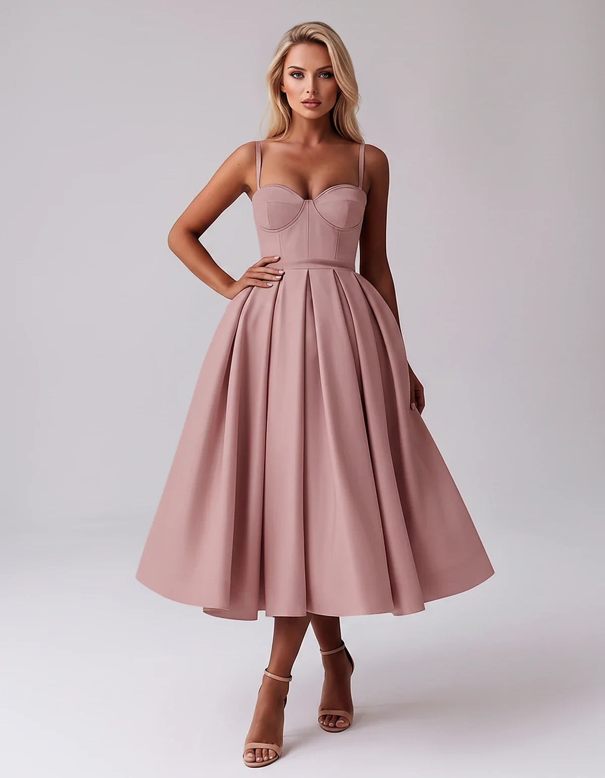 Tea Length Satin Spaghetti Strap Sweetheart A-Line Midi Dress for Party, Cocktail, Evening, Wedding Guest & Formal Events Sum | SKU: MD-482913750618392-DUSTYROSE-L,MD-482913750618392-DUSTYROSE-M,MD-482913750618392-DUSTYROSE-S,MD-482913750618392-DUSTYROSE-XL,MD-482913750618392-DUSTYROSE-XS