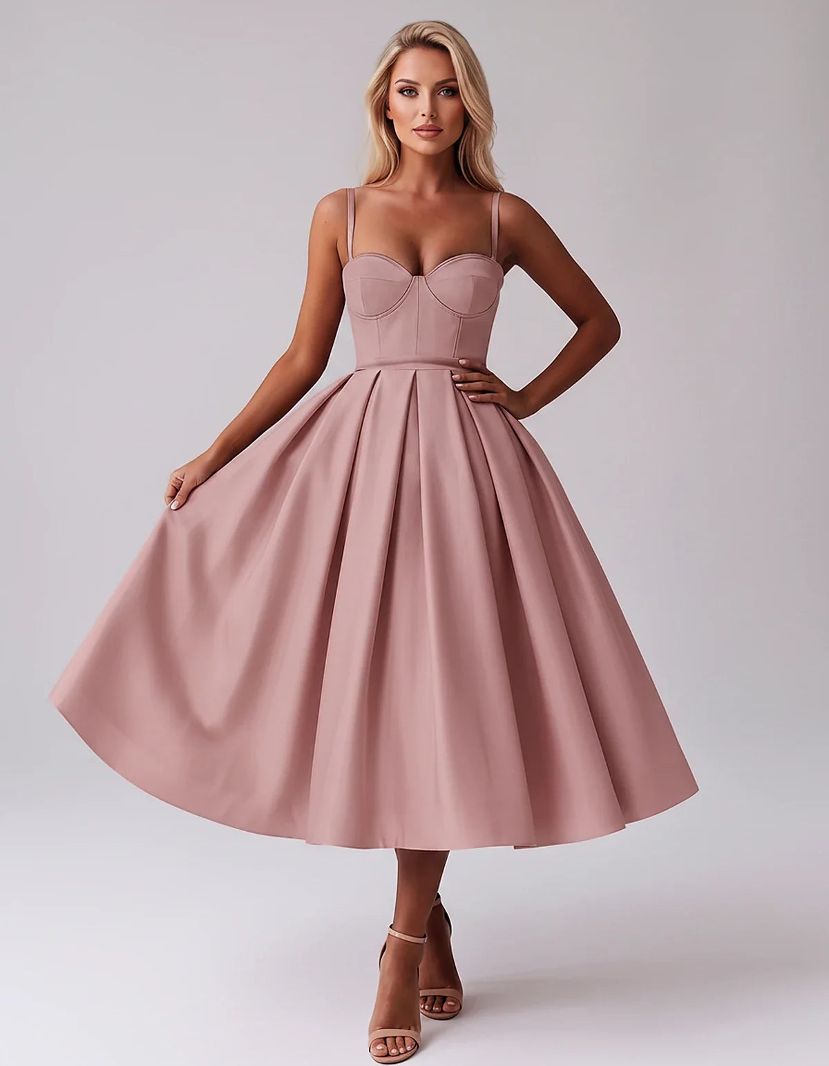 Tea Length Satin Spaghetti Strap Sweetheart A-Line Midi Dress for Party, Cocktail, Evening, Wedding Guest & Formal Events Sum | SKU: MD-482913750618392-DUSTYROSE-L,MD-482913750618392-DUSTYROSE-M,MD-482913750618392-DUSTYROSE-S,MD-482913750618392-DUSTYROSE-XL,MD-482913750618392-DUSTYROSE-XS