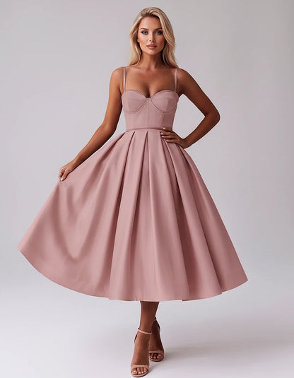 Tea Length Satin Spaghetti Strap Sweetheart A-Line Midi Dress for Party, Cocktail, Evening, Wedding Guest & Formal Events Sum | SKU: MD-482913750618392-DUSTYROSE-L,MD-482913750618392-DUSTYROSE-M,MD-482913750618392-DUSTYROSE-S,MD-482913750618392-DUSTYROSE-XL,MD-482913750618392-DUSTYROSE-XS