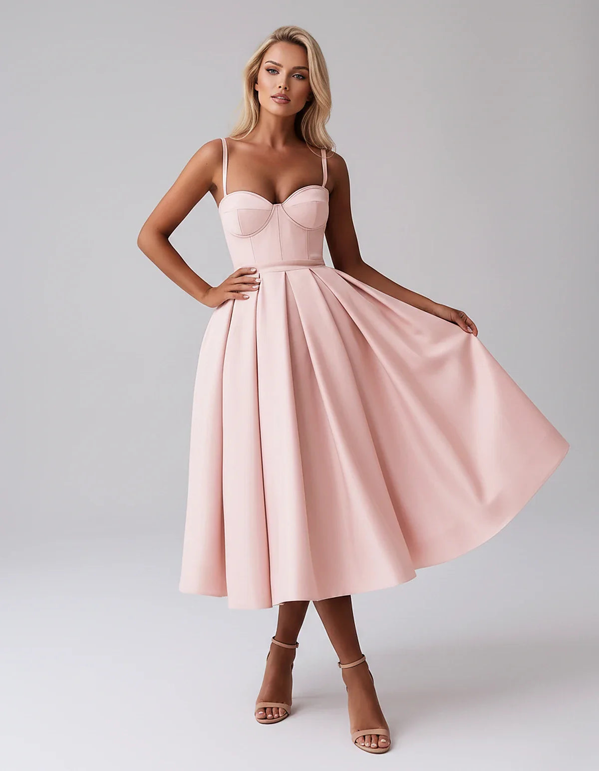 Tea Length Satin Spaghetti Strap Sweetheart A-Line Midi Dress for Party, Cocktail, Evening, Wedding Guest & Formal Events Sum | SKU: MD-482913750618392-BLUSH-L,MD-482913750618392-BLUSH-M,MD-482913750618392-BLUSH-S,MD-482913750618392-BLUSH-XL,MD-482913750618392-BLUSH-XS