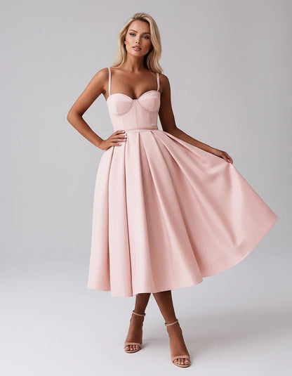 Tea Length Satin Spaghetti Strap Sweetheart A-Line Midi Dress for Party, Cocktail, Evening, Wedding Guest & Formal Events Sum | SKU: MD-482913750618392-BLUSH-L,MD-482913750618392-BLUSH-M,MD-482913750618392-BLUSH-S,MD-482913750618392-BLUSH-XL,MD-482913750618392-BLUSH-XS