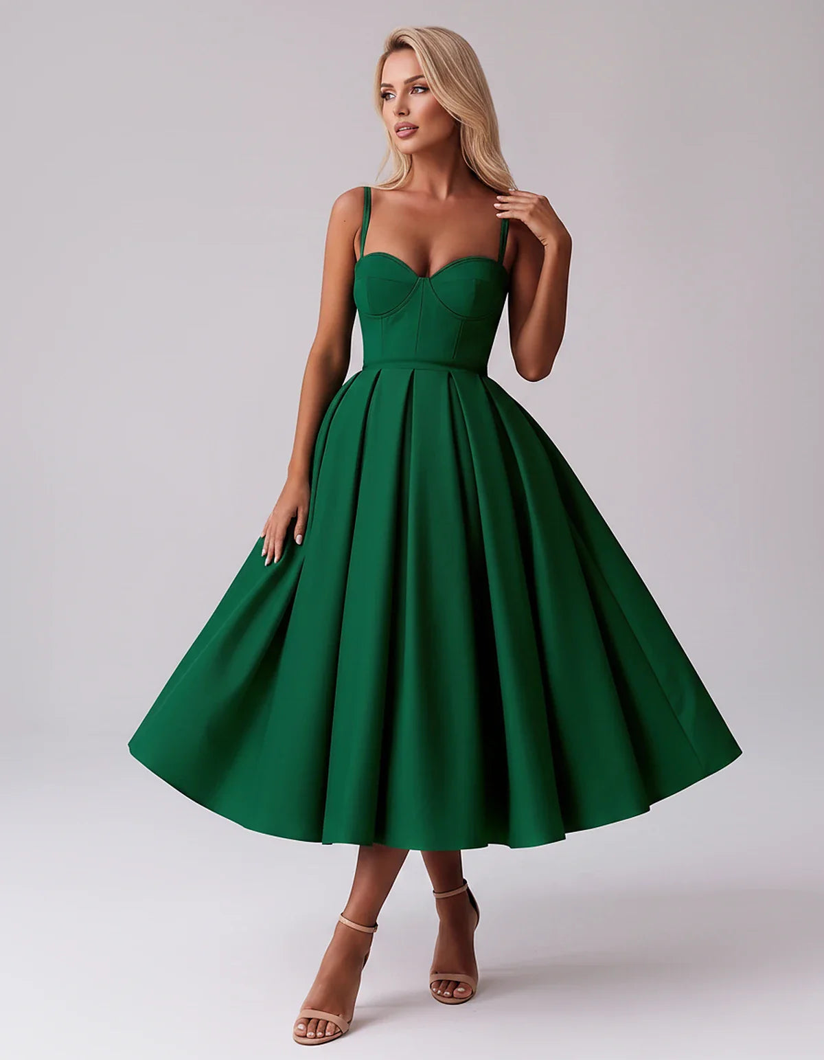 Tea Length Satin Spaghetti Strap Sweetheart A-Line Midi Dress for Party, Cocktail, Evening, Wedding Guest & Formal Events Sum | SKU: MD-482913750618392-EMERALD-L,MD-482913750618392-EMERALD-M,MD-482913750618392-EMERALD-S,MD-482913750618392-EMERALD-XL,MD-482913750618392-EMERALD-XS
