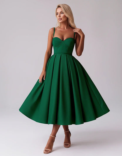 Tea Length Satin Spaghetti Strap Sweetheart A-Line Midi Dress for Party, Cocktail, Evening, Wedding Guest & Formal Events Sum | SKU: MD-482913750618392-EMERALD-L,MD-482913750618392-EMERALD-M,MD-482913750618392-EMERALD-S,MD-482913750618392-EMERALD-XL,MD-482913750618392-EMERALD-XS