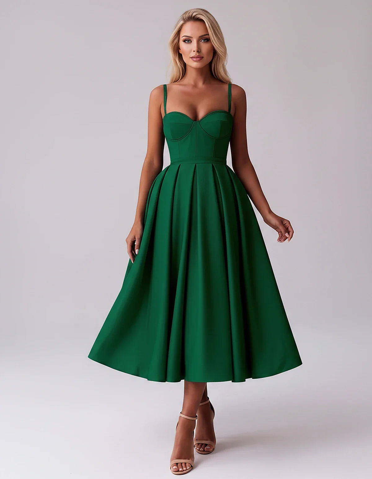 Tea Length Satin Spaghetti Strap Sweetheart A-Line Midi Dress for Party, Cocktail, Evening, Wedding Guest & Formal Events Sum | SKU: MD-482913750618392-EMERALD-L,MD-482913750618392-EMERALD-M,MD-482913750618392-EMERALD-S,MD-482913750618392-EMERALD-XL,MD-482913750618392-EMERALD-XS