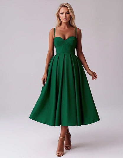 Tea Length Satin Spaghetti Strap Sweetheart A-Line Midi Dress for Party, Cocktail, Evening, Wedding Guest & Formal Events Sum | SKU: MD-482913750618392-EMERALD-L,MD-482913750618392-EMERALD-M,MD-482913750618392-EMERALD-S,MD-482913750618392-EMERALD-XL,MD-482913750618392-EMERALD-XS